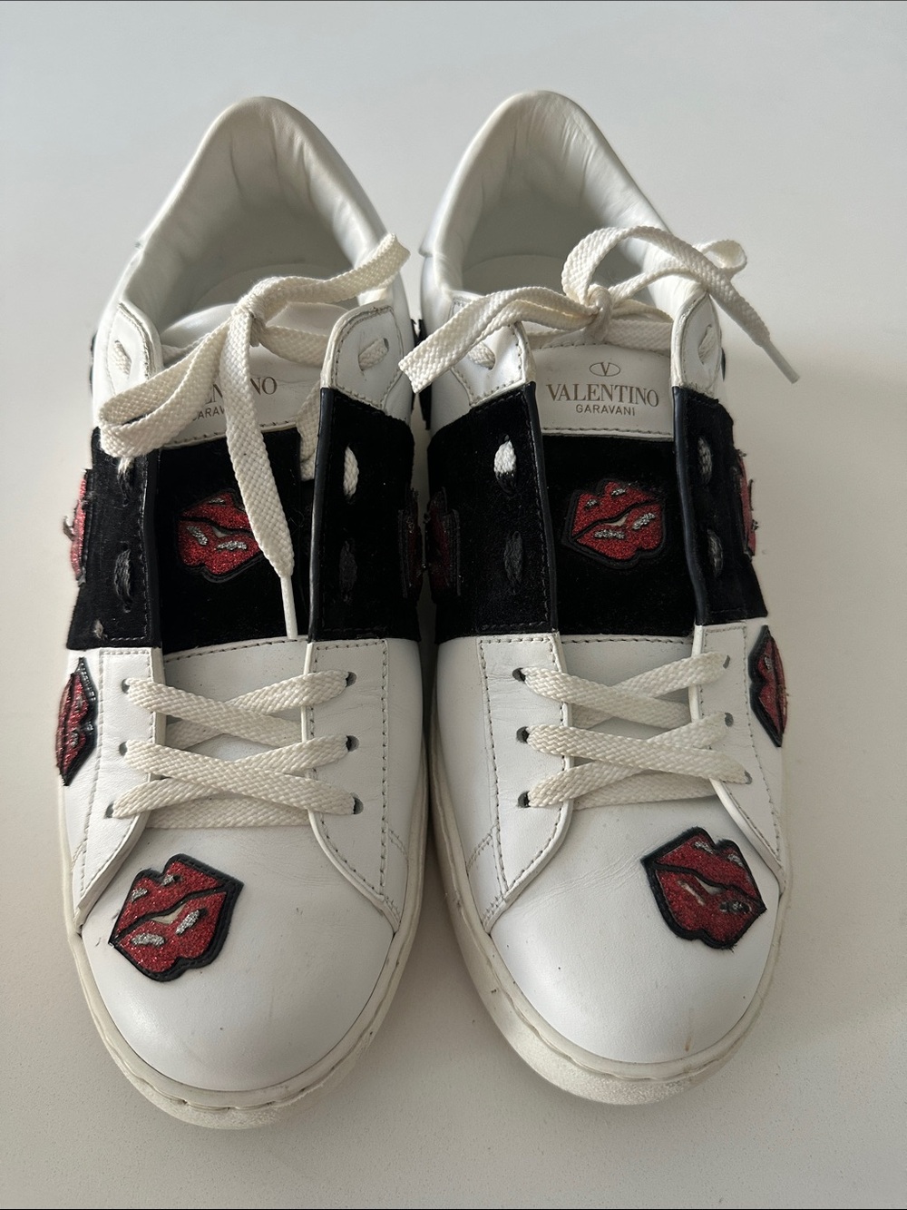 Valentino Garavani White Leather Sneakers with Red Lip Patches and Black Panels